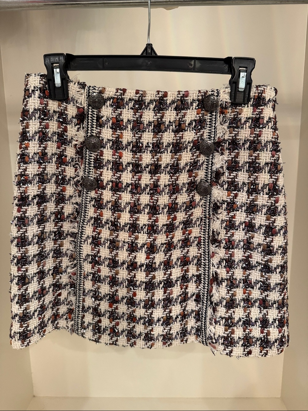 Veronica Beard Tweed Mini Skirt with Button Detail in Cream and Brown